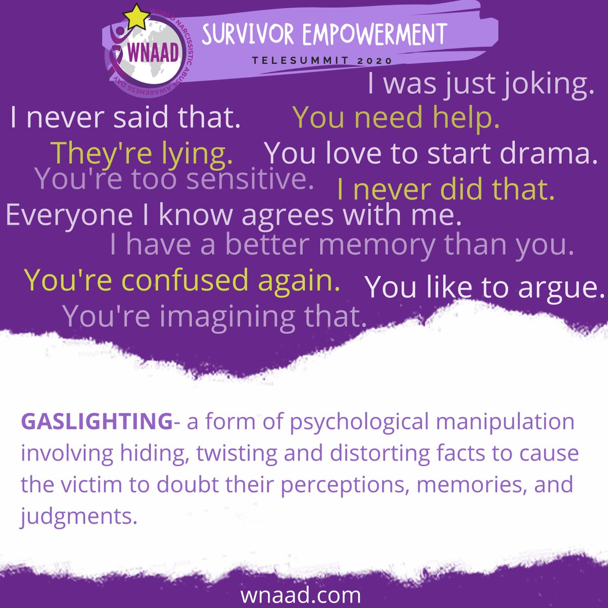 joinWNAAD's tweet photo. The wounds of #narcissisticabuse may not b visible, but they're just as damaging as other forms of #abuse. We SEE you. We HEAR you. We BELIEVE you. FREE, ONLINE EVENT- 6/1/20 Click 👇 2 save a SPOT!
https://t.co/GKW2LrzwwT
#narcissisticabuse
#ifmywoundswerevisible
#gaslighting https://t.co/CuVfFMEpTT