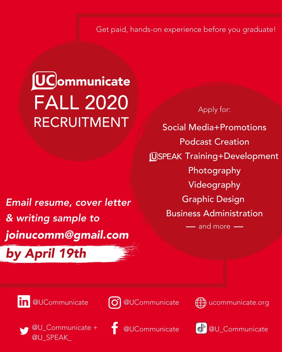 UCommAmina's tweet photo. It’s #UCOMMonday which means it’s the perfect time to apply to be in @U_Communicate for the fall semester!! Apply by April 19th and join our team! https://t.co/L9e40aH0A8