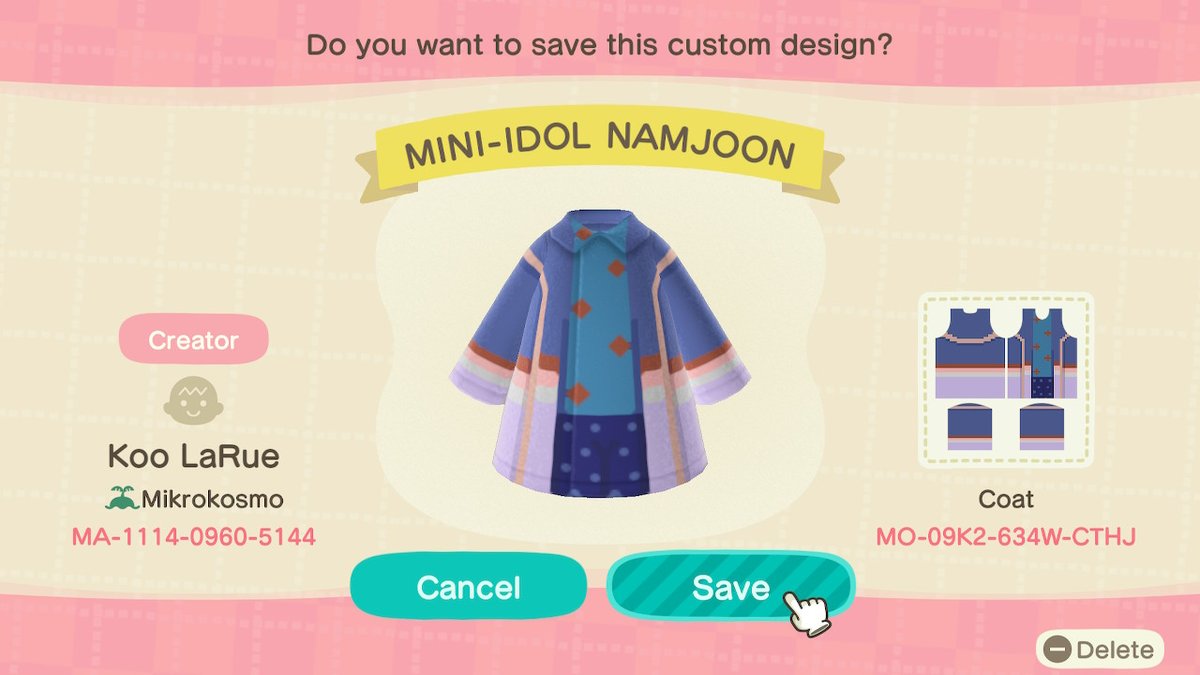 Made my favorite liddol mini-idols' outfits for Animal Crossing! (The villagers are shaped the same, anyway )all design codes in thread:Namjoon  @BTS_twt  #Namjoon #ACNHDesign  #ACNH  