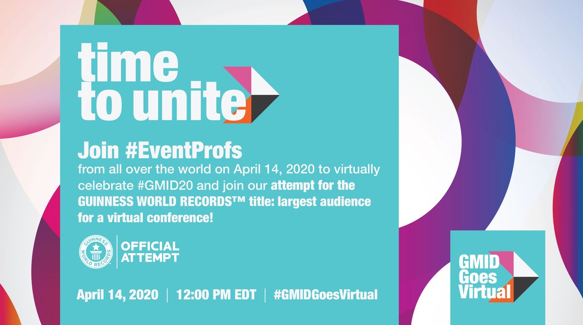 GlobalEventsCol's tweet photo. #GMIDGoesVirtual is tomorrow. 10,000 #Eventprofs registered! To count towards our attempt at the GUINNESS WORLD RECORDS™ title, you must join via https://t.co/7JV2a7LiFc on April 14 by 12:00 PM EDT. Connecting through another event won't count!  

Meeting room open at 11:30 AM. https://t.co/DG65acJDmE