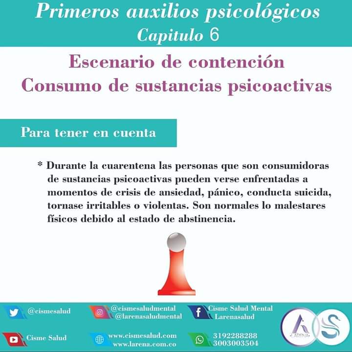 cismesalud's tweet photo. Primeros auxilios psicológicos. Capítulo 6. Consumo de sustancias psicoactivas.

Recuerda que ahora tus consultas por psiquiatría y psicología las puedes realizar a través de nuestra plataforma virtual https://t.co/ebcuDQSyi8

Inf.

Wpp CISME : 3192288288
Wpp LARENA : 3003003504 https://t.co/HV14dk3RKA