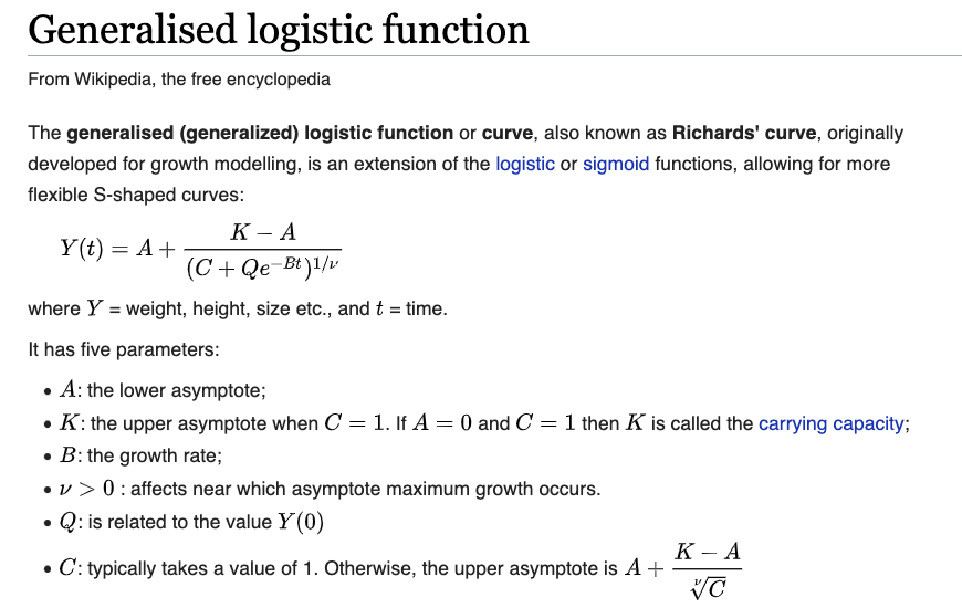 Here's a form of the Generalized Logistic Function that allows the growth curve to be asymmetrical using the "nu" term.