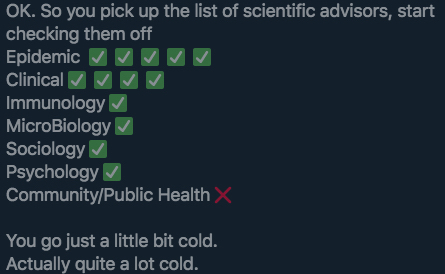19/25You go back to the list, you ask yourself, what does this Government group of scientists do well?Predict viral danger and spreadKnow how it's going to affect the NHSHave some insights into likely behaviour of an unknown bugAnd how people will react and behave
