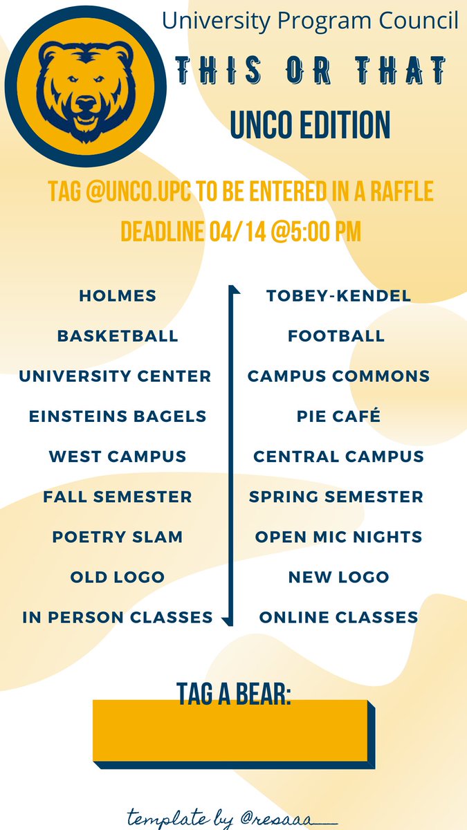 UNCOUPC's tweet image. We’re back with another Interactive Story Monday. 

Head on over to our Instagram page @ unco.upc and click our story so that we can stay connected 🐻💛💙 

Remember to tag us in your response to be entered in a raffle. Deadline 5:00pm tomorrow!
