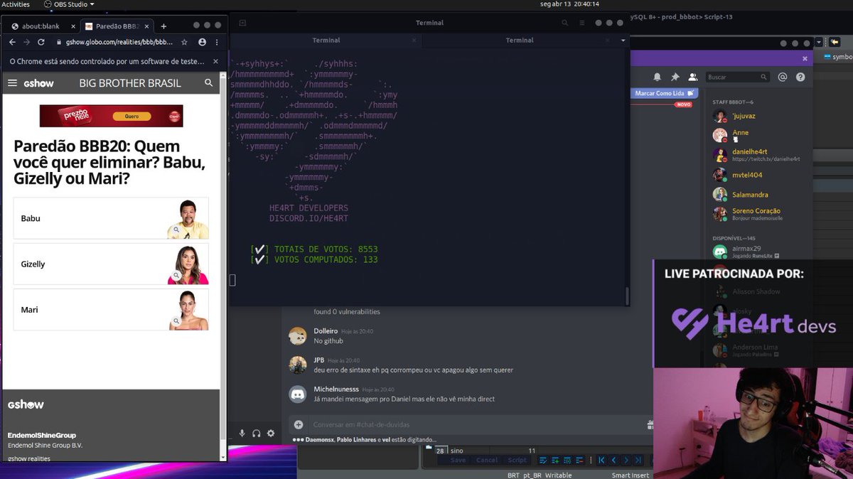 danielhe4rt's tweet image. [FAV + RT do #BBB20]

Salve rapaziada! Vou codar um backend e continuarei dando suporte ao #bbbot enquanto faço a porra toda acontecer no discord.

Cola na live ai e bora &amp;lt;3

twitch.tv/danielhe4rt