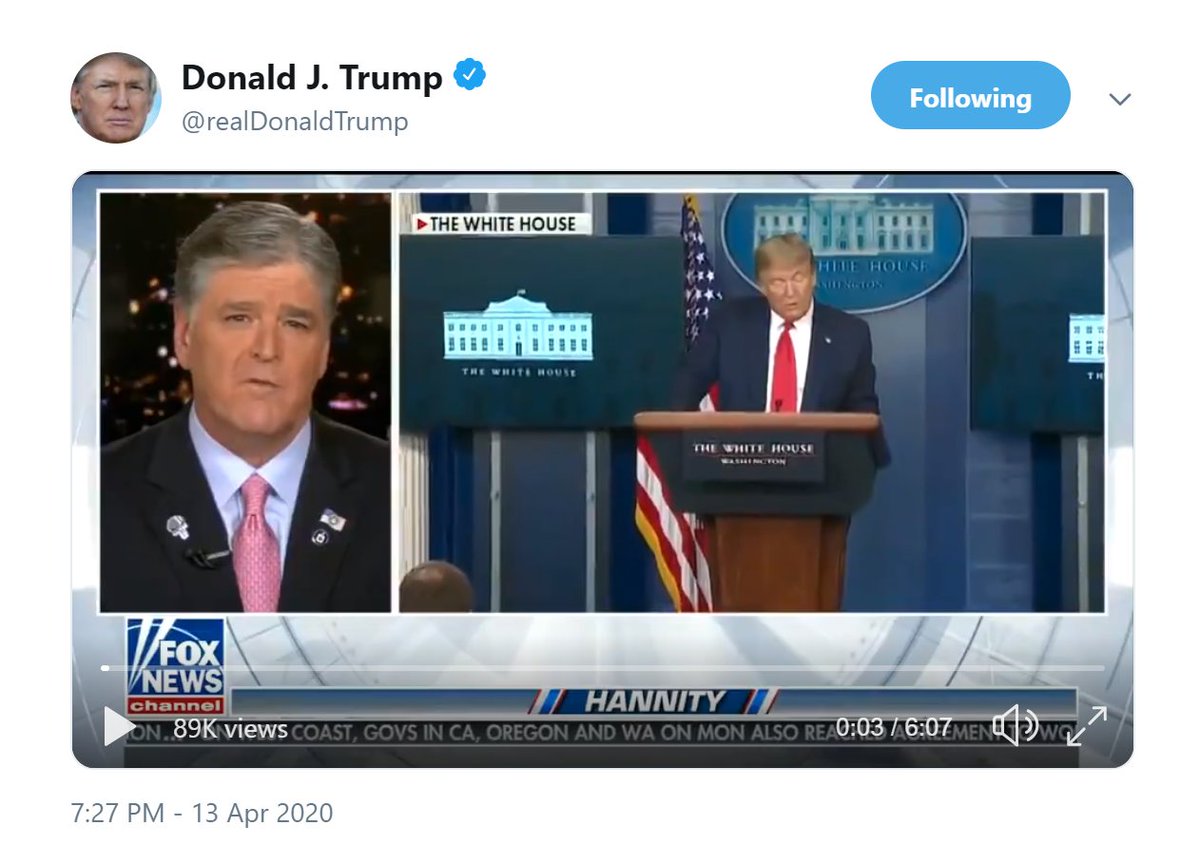 21) Q posts a retweet by POTUS about indictments.POTUS tweets a video with Hannity wearing a punisher lapel pin.  https://twitter.com/realdonaldtrump/status/1249886901320011786