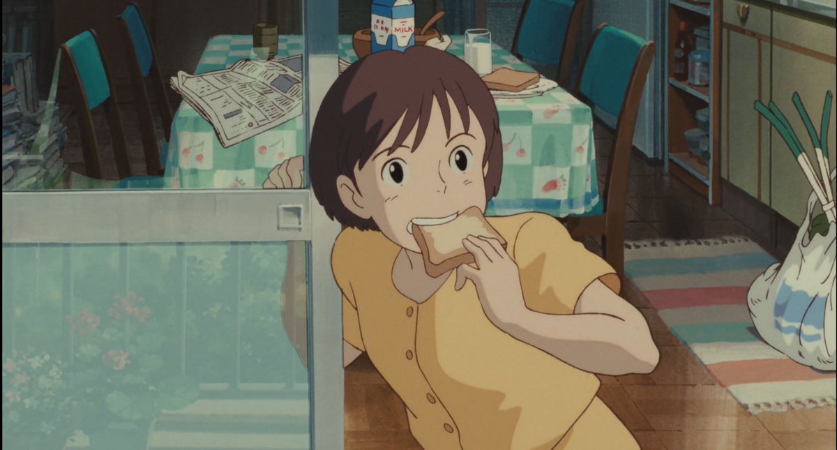Whisper of The Heart barely had any food shots! I still really enjoyed simple foods being portrayed though. The fanciest dish featured- fittingly for a humble celebratory dinner for Shizuku, like her beginnings as a writer-- was udon soup! Very comforting food and scene to watch.