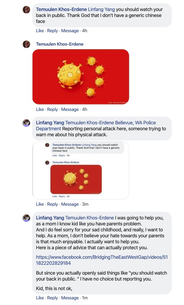 HustSeattle's tweet photo. This young man named Temuulen Khos-Erdene is trying to opening threaten our volunteer Linfang Yang, threaten her safety in public. She has a family with small children, This is not ok, please take action. We will call 911. https://t.co/u5FlYv3zv4