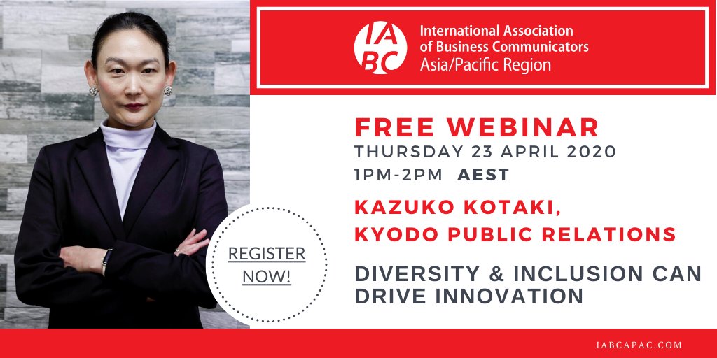 IABCAPAC's tweet photo. Hear about innovation from Japanese PR leader @kazukokotaki who will share findings from intensive interviews &amp; global case studies to prove the concept that #diversityandinclusion drive #innovation. 
Register: https://t.co/GJ1JLpzgDB #IABCAPAC #Japan #PR #professionaldevelopment https://t.co/QYN1VyBtEE