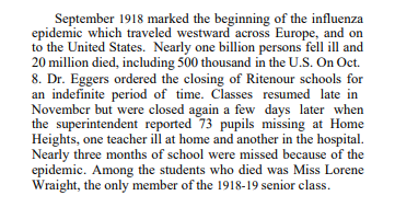 As the COVID-19 pandemic continues to keep Ritenour schools closed, we are reminded that the 1918  pandemic  (known as the Spanish flu)  also led to the closure of area schools, including Ritenour. Here's a snippet from Ritenour's archives: