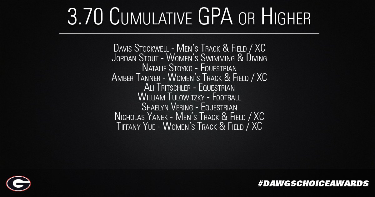 TheGeorgiaWay's tweet photo. We will begin the award portion of our evening by recognizing the student athletes, sophomores and above, who have a cumulative grade point average of 3.7 or higher at Georgia.  These individuals have worked incredibly hard to achieve such a high distinction. #DawgsChoiceAwards https://t.co/kKeTaXNpv4