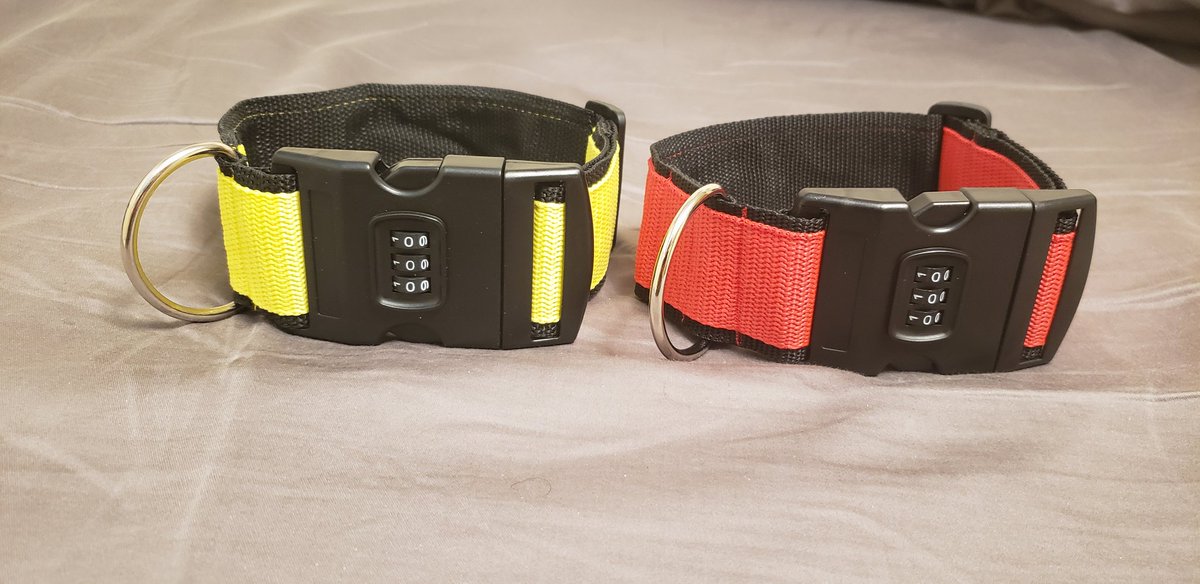 Today I'm featuring my collection of locking collars in this thread.These two were made by  @Crunchycurl. Made of two layers of flexible lightweight nylon webbing, with welded stainless steel D-rings. The buckles feature a built-in combination lock. The combination is changeable.