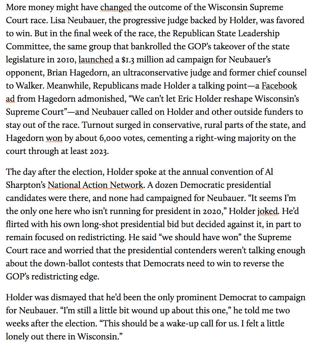 If Dems had flipped 6,000 votes & won Wisconsin Supreme Court seat last year they'd now have progressive majority on court. Now they can't flip until 2023 @EricHolder told me that election was "a wake up call" & Dems needed to focus more on local races  https://www.motherjones.com/politics/2019/07/the-courts-wont-end-gerrymandering-eric-holder-has-a-plan-to-fix-it-without-them/