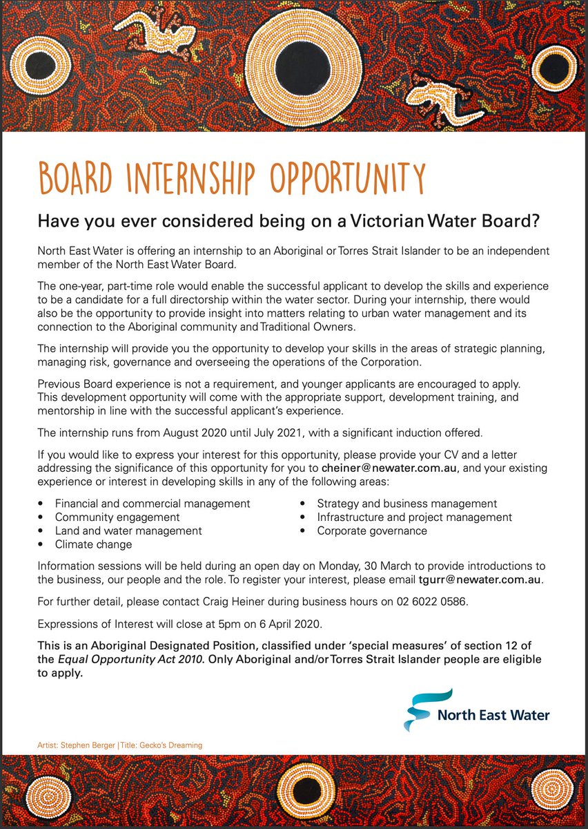 Have you ever thought about serving on a Board? North East Water are offering Board Internship opportunities. A great way to get started.  #AboriginalOpportunities #IndigenousLeadership #AboriginalVictoria #Aboriginalyouth
