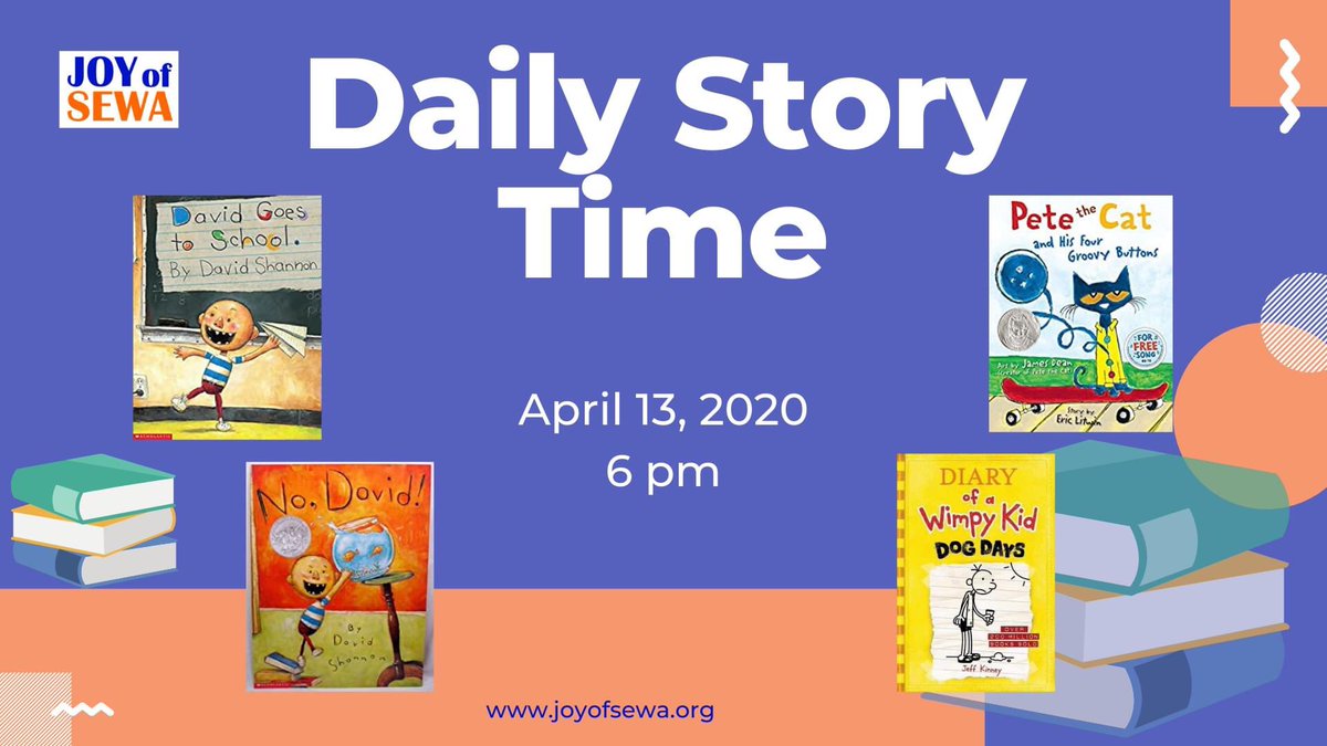 joyofsewa's tweet photo. 6pm! Today's JOS Daily Story Time w/ Aaryan &amp; Sahana features David books (David Goes to School. &amp; No, David!), Pete the Cat and His Four Groovy Buttons &amp; continues with Diary of a Wimpy Kid.

#FBLive #storytime #reading #kids #children #coronavirus #covid #activity #NewNormal https://t.co/ULPVZLfn0h