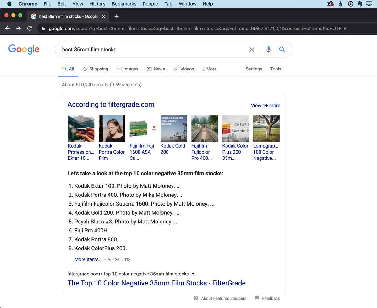 When a user searches for & #39;best 35mm film stocks& #39; they see a featured snippet with our written content and photo thumbnails above. If the user clicks on an image thumbnail in the featured snippet, they& #39;re taken to a new page with Shopping Ads and Youtube videos prominently placed.