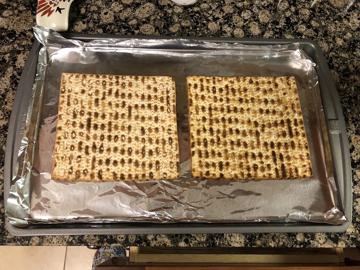 1. Put matzah on baking pan covered with foil. If you wish you can slightly rinse the matzah beforehand.