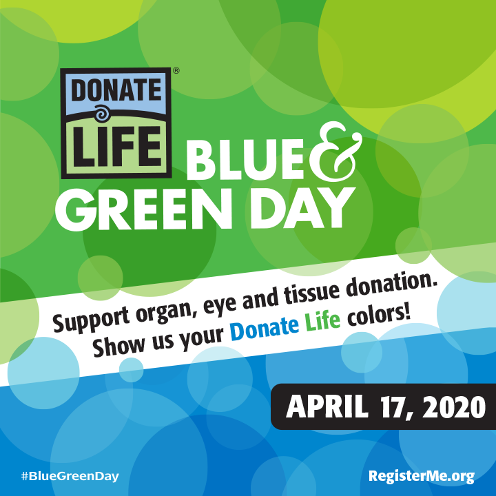 Join us for National Donate Life Blue &amp; Green Day on Friday, April 17. 💙💚 Share your #DonateLife blue &amp; green colors and send your photos into the national photo contest 📷 on mobile at wshe.es/XgUPwmAP.
🏆 #DonateLifeMonth #BlueGreenDay #DonateLifeSC #NDLM2020