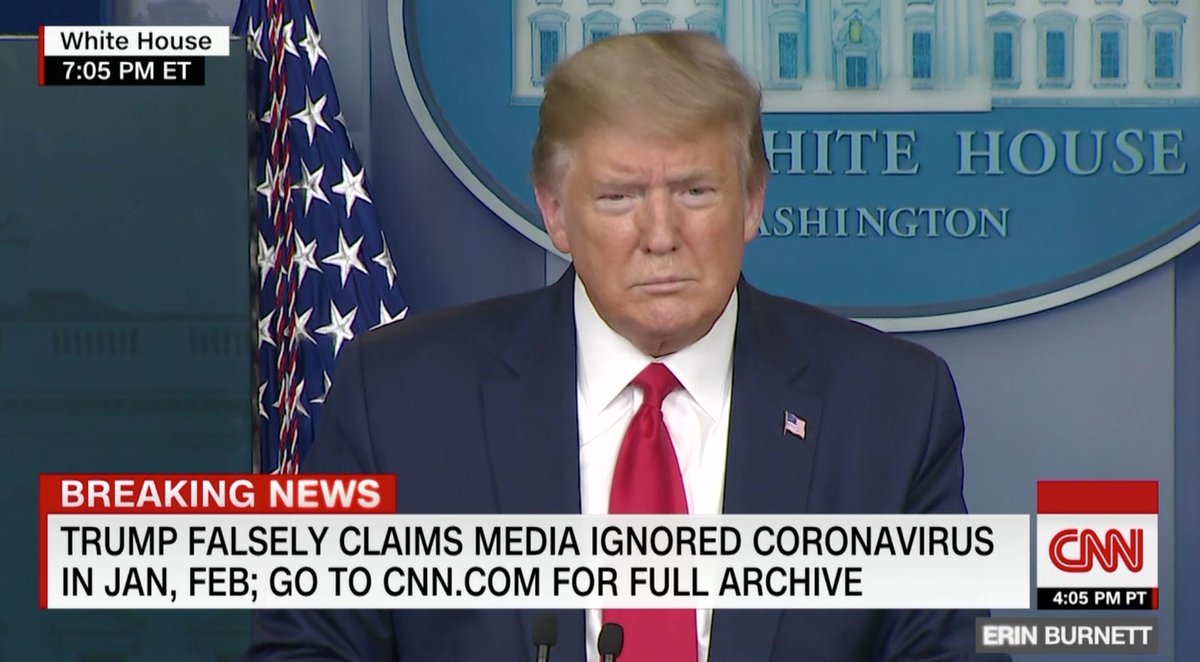 The President falsely claimed today that the media ignored the coronavirus in January & February. We have receipts:  http://www.cnn.com/2020/04/13/world/cnn-coronavirus-coverage/index.html