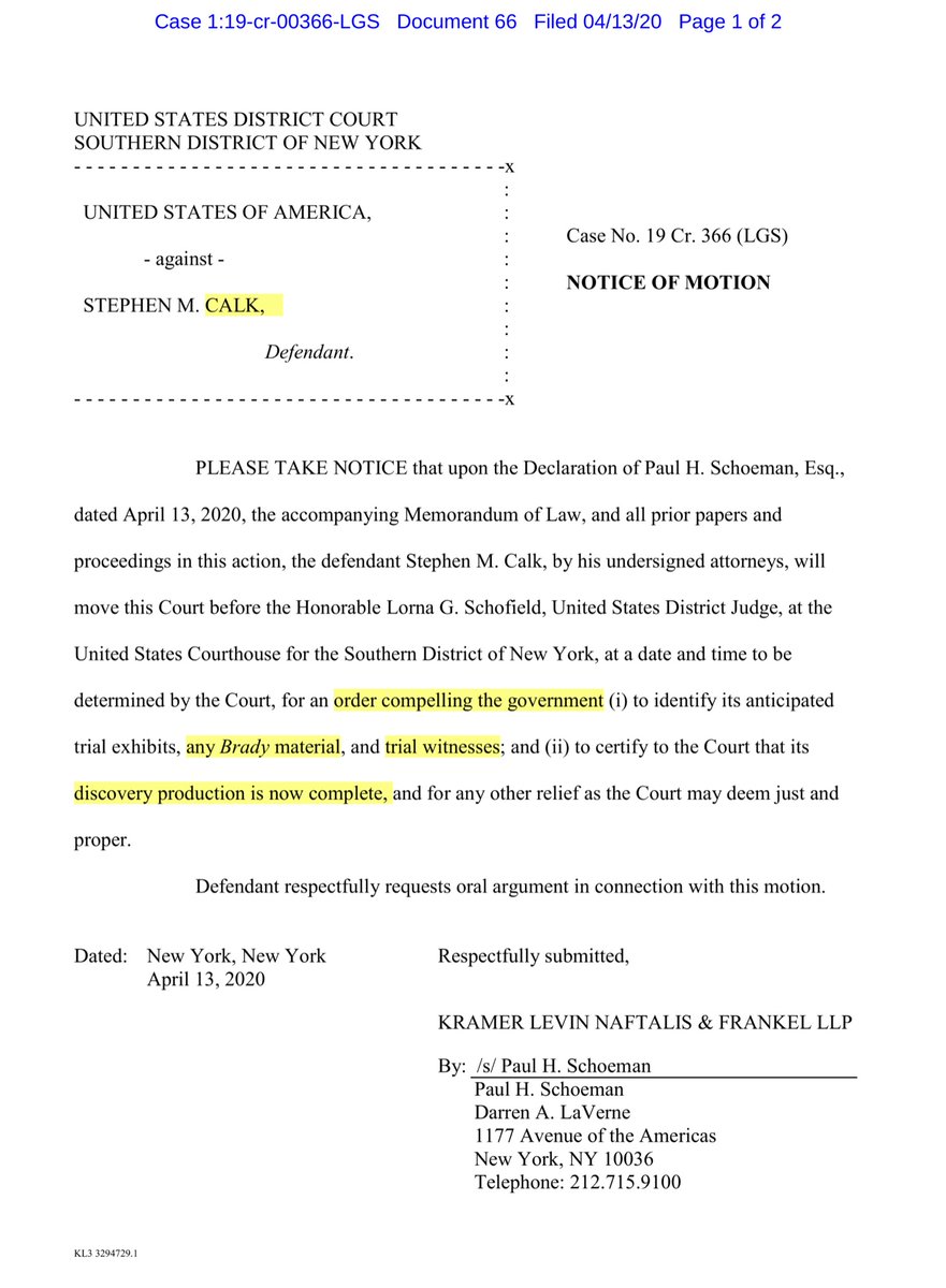 Calk’s docket updated with 3 new filings so apologies for the rapidness of my incoming tweets.Motion re Discovery - pretty SOP at this stage in the trial  https://ecf.nysd.uscourts.gov/doc1/127026723013?caseid=516086Here I saved ya $.20 https://drive.google.com/file/d/1vlK-S_hRA1DiV_J-Z0vz_IGnWjynl815/view?usp=drivesdk