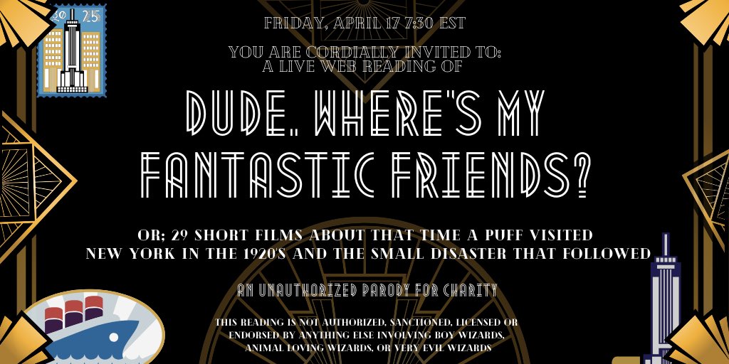 BIG NEWS! What happened about 70 years prior to <a href="/PuffsPlay/">Puffs</a> in the US of A? Join us FRIDAY AT 7:30EST for a FREE LIVE WEB READING. Another PARODY FOR CHARITY in support of <a href="/HumaneSocietyNY/">Humane Society of NY</a>  &amp; other local NYC orgs helping pets &amp; strays. Link here: youtu.be/ZNA1vNO_W34