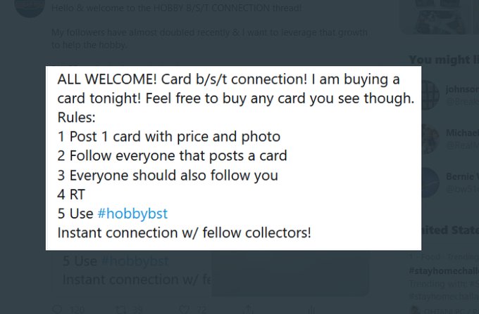Hello & welcome to the HOBBY B/S/T CONNECTION thread!My followers have almost doubled recently & I want to leverage that growth to help the hobby.RULES are in the image below! Please RT!Please have fun & follow/be followed by some great hobby accounts. ALL WELCOME! #hobbybst