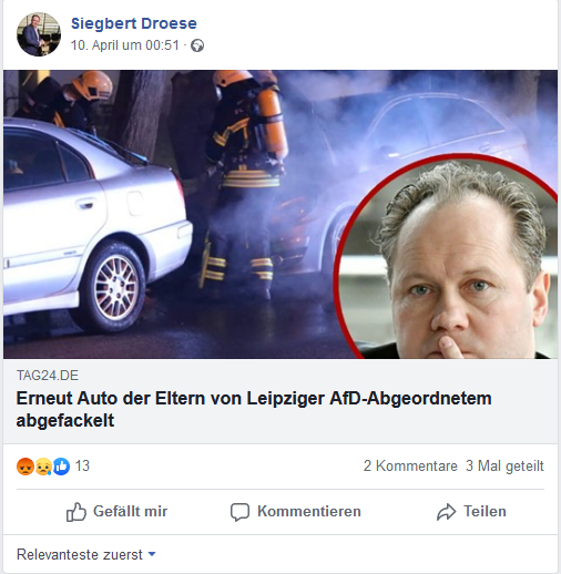 Connewitzbleib1's tweet photo. Anscheinend wurde ein Auto (Mercedes B-Klasse) der Eltern von Siegbert Droese (#NoAfD) den Flammen übergeben. Danke #Connewitz https://t.co/sTYRYJQh9p