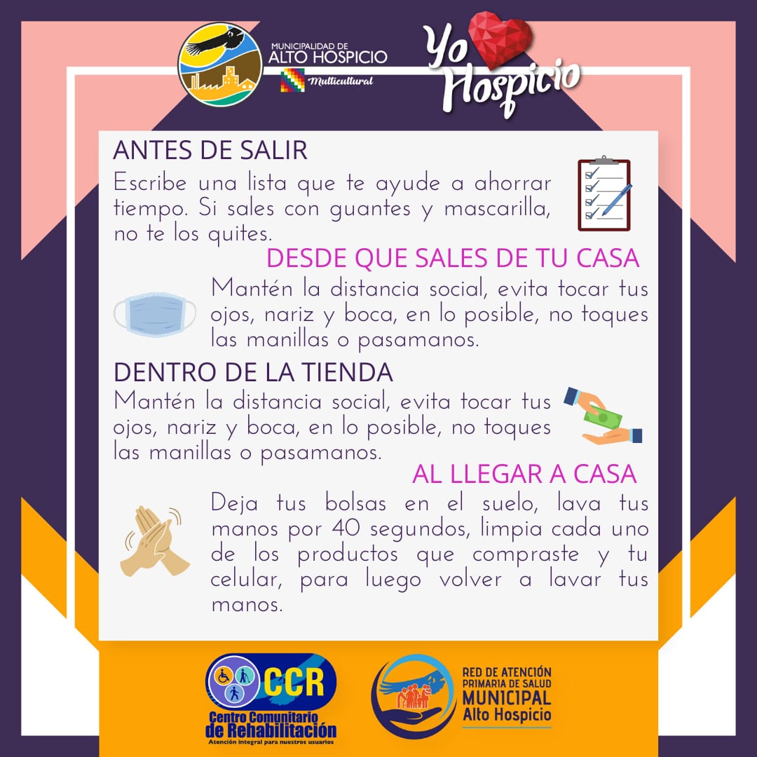 CCRAltoHospicio's tweet photo. Si eres el encargado de salir de tu hogar para realizar las compras 🛍️🛒 sigue estas recomendaciones para que puedas evitar el contagio por #Covid_19 y regresar a tu casa de forma segura.
#CCRTeCuida #QuedateEnCasa https://t.co/Z4Jubmsrwz