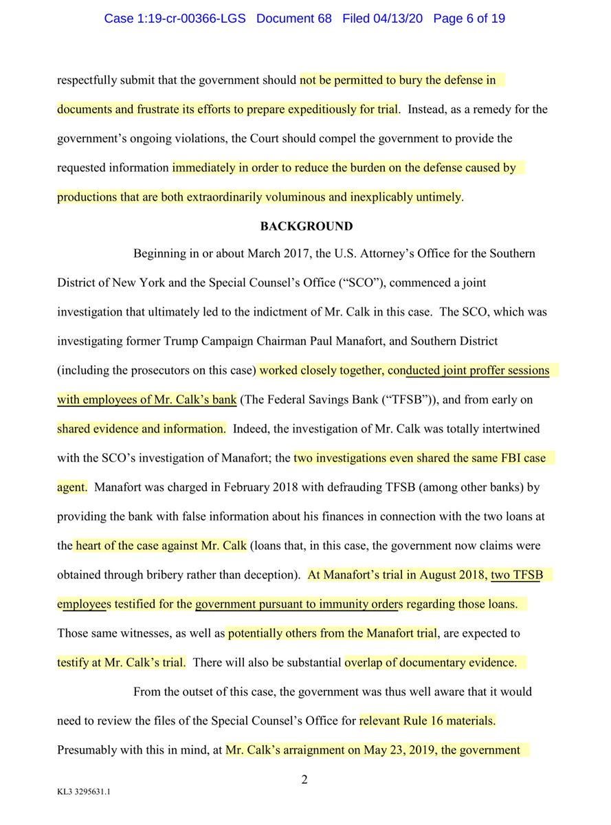 Oh COME on - really? Stephen that’s what you’re going with. That your former employees testified at Manafort’s trial and they had immunity?FFS - I expected better from you.Page 3 last paragraph CDCA? Lordy that’s NEW-ishPlease let that be Broidy https://ecf.nysd.uscourts.gov/doc1/127026723107?caseid=516086