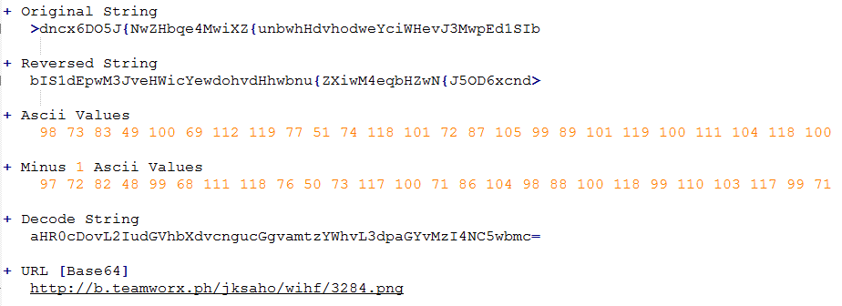 2/6For get strings in clear text you need:Reverse stringGet ASCII value of each characterApply -1 to ASCII valuesConvert to character #Qbot  #Qakbot