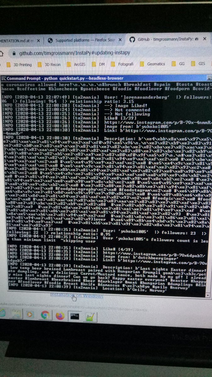 eruvierda's tweet photo. Learning #python bit by bit by doing #instapy as side project. While looking to solve the connection problem with #openlayers #100DaysOfCode https://t.co/6jeRUtjRfC