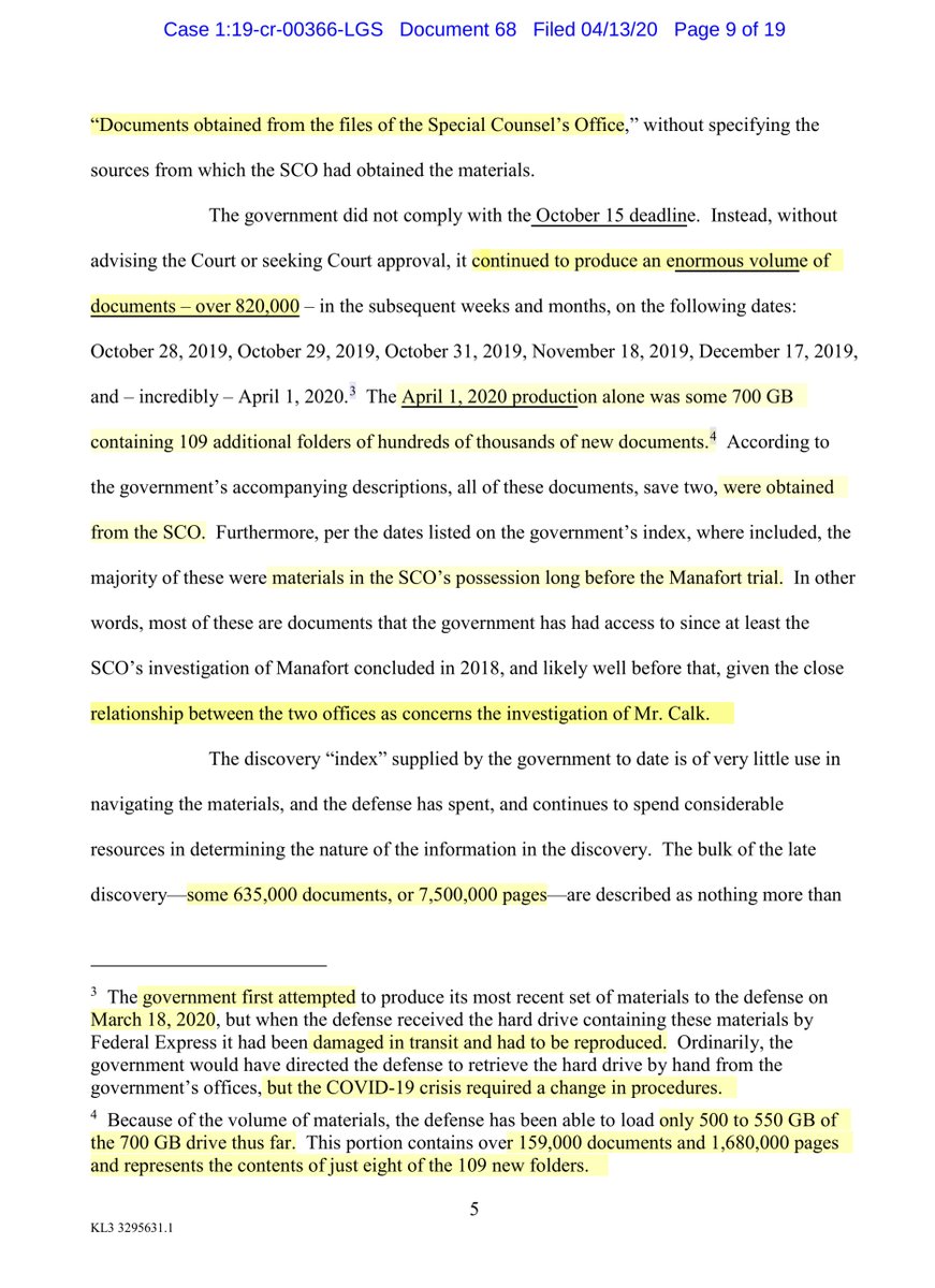 Calk ignore “rolling basis”- try to paint the SDNY prosecutors as intentionally withholding, I’m inclined to give AUSA Berman’s Office a wide berth. The Govt isn’t obligated to organize doc to your standards ”...bulk of the discovery, some 635,000 documents - 75,000,000 pages..”