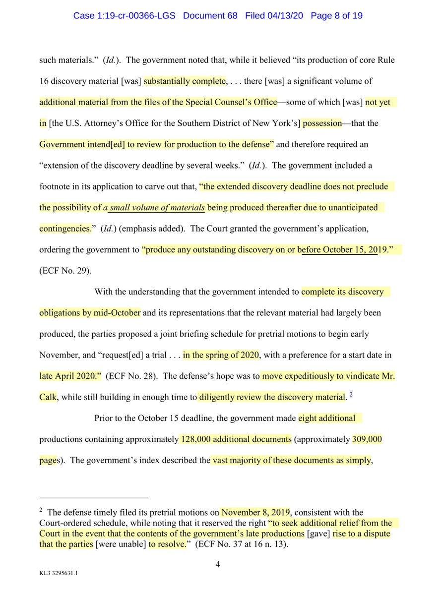 Calk ignore “rolling basis”- try to paint the SDNY prosecutors as intentionally withholding, I’m inclined to give AUSA Berman’s Office a wide berth. The Govt isn’t obligated to organize doc to your standards ”...bulk of the discovery, some 635,000 documents - 75,000,000 pages..”