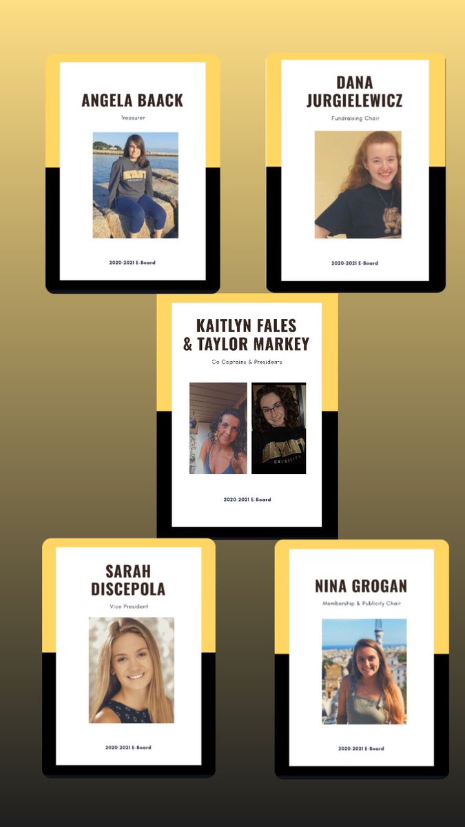 Announcing your 2020-2021 E-Board: Taylor Markey &amp; Kaitlyn Fales as Co Captains
Sarah Discepola as Vice President
Angela Baack as Treasurer
Dana Jurgielewicz as Fundraising Chair
&amp; Nina Grogan as Membership &amp; Publicity Chair! ✨