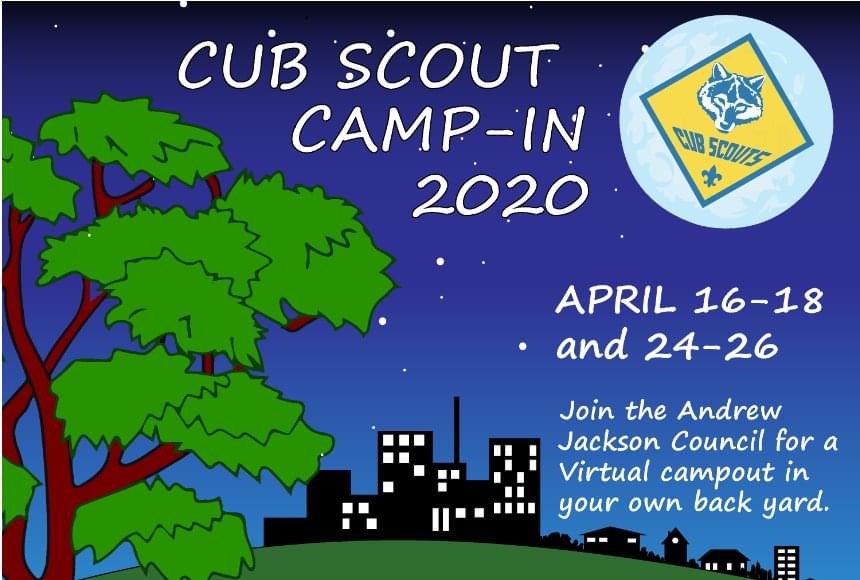 Pack29Brandon's tweet photo. Pack 29 is joining @AjcScouting / Andrew Jackson Council, BSA @andrewjacksonbsa for Camp-In 2020 this weekend! Living room tents welcome as well (rain is forecast).
Be sure to use #Pack29 in your posts! https://t.co/AEWjlRePMK