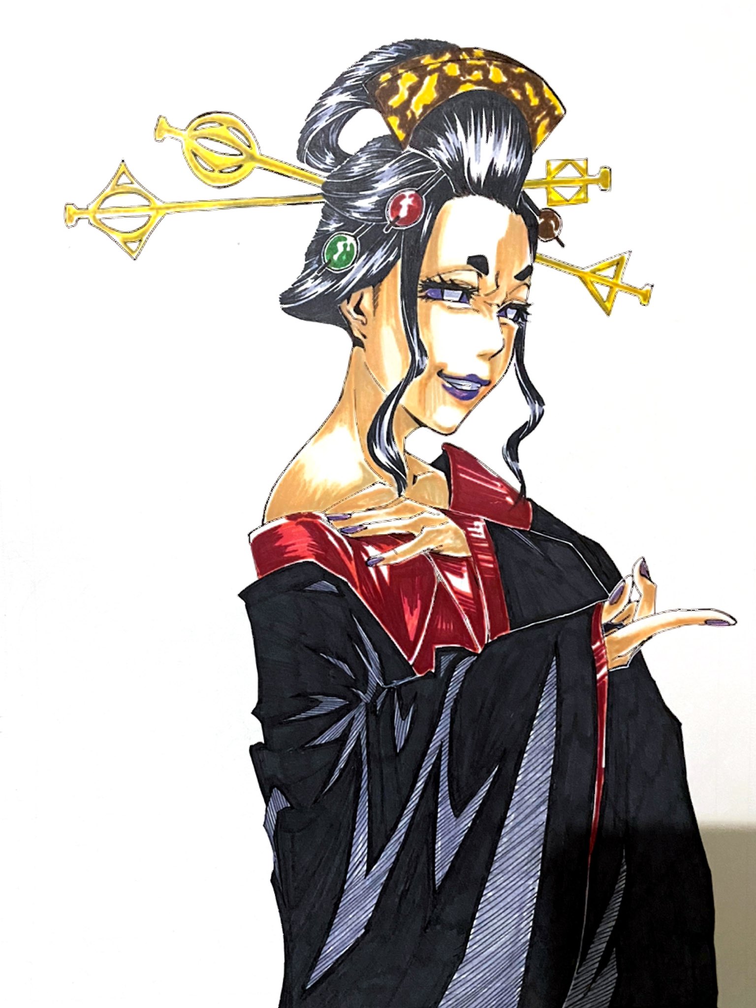 数年前に描いた過去作 花魁 リメイク 個人的に好きなイラストだったので 楽しかった 背景はあえて定規使わなかった 花魁 女性 ヘアスタイル かんざし 着物 背景 遊郭 ファッション ネイル 口紅 和風 美人 Dai