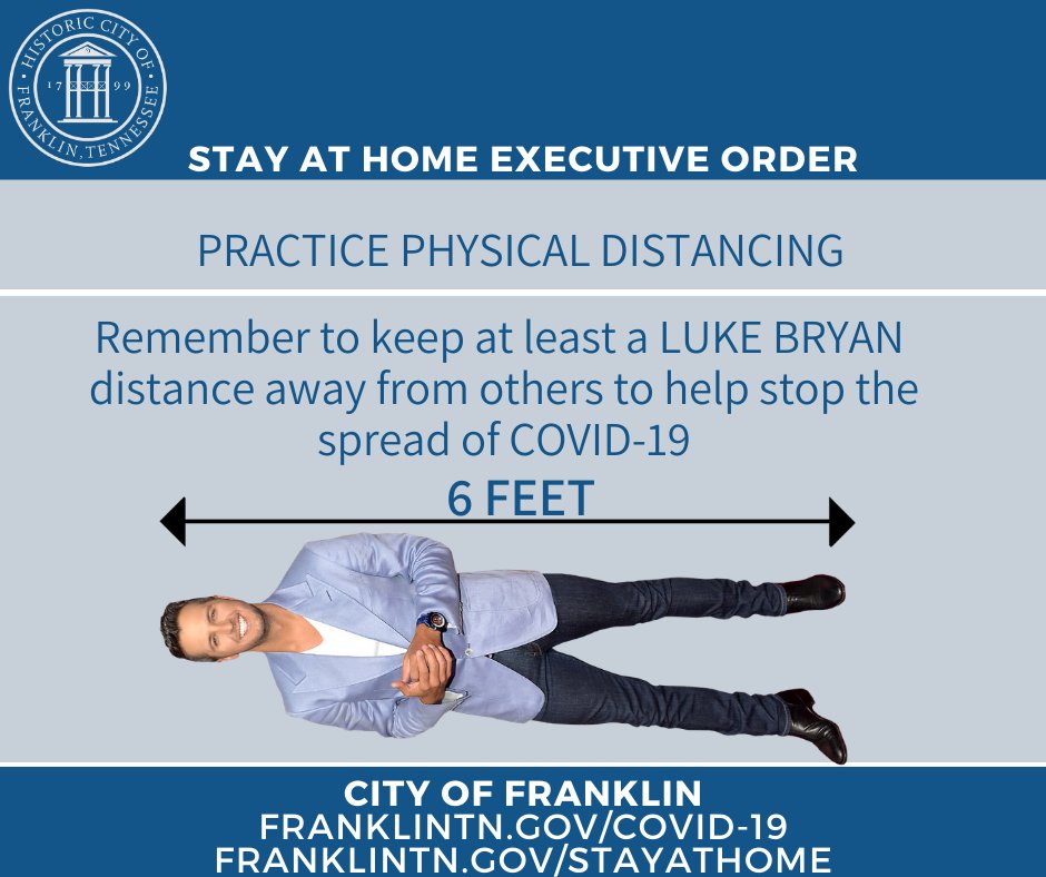 We know you may be tired of the whole social/physical distancing thing, we thought we’d make it more fun with our resident American Idol/Country Star.  And yes, we did google his height.

#CityofFranklin #covid19