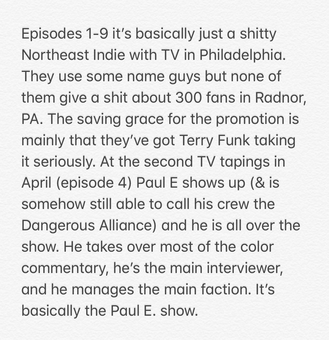 Okay so I’m about to start episode 16. Here is kind of a state of ECW address up to this point, if anyone is actually reading this and wants a feel for what is happening at this point where they’ve held 3 sets of tapings and one super show, but must keep airing stuff out of order