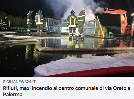 MarcoVaccarella's tweet photo. A #Palermo è stato incendiato un deposito rifiuti della #Rap dove erano stati portati gli oggetti sequestrati dalle forze dell'ordine alle grigliate di Pasqua e pasquetta sui tetti dello #Sperone, allo Zen e a Brancaccio. 1 a 1 e palla al centro... #COVID2019 https://t.co/eUlOXYSI7b