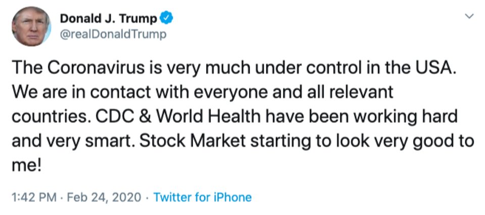 Ini antara contoh tweet dari President Donald Trump himself pasal COVID-19. Dia main-mainkan je issue COVID-19. Dia tak serious langsung. Apa dia nampak, kena jaga stock market, kena protect economy. Ini semua flu biasa. Flu zaman dulu lagi ramai orang mati.
