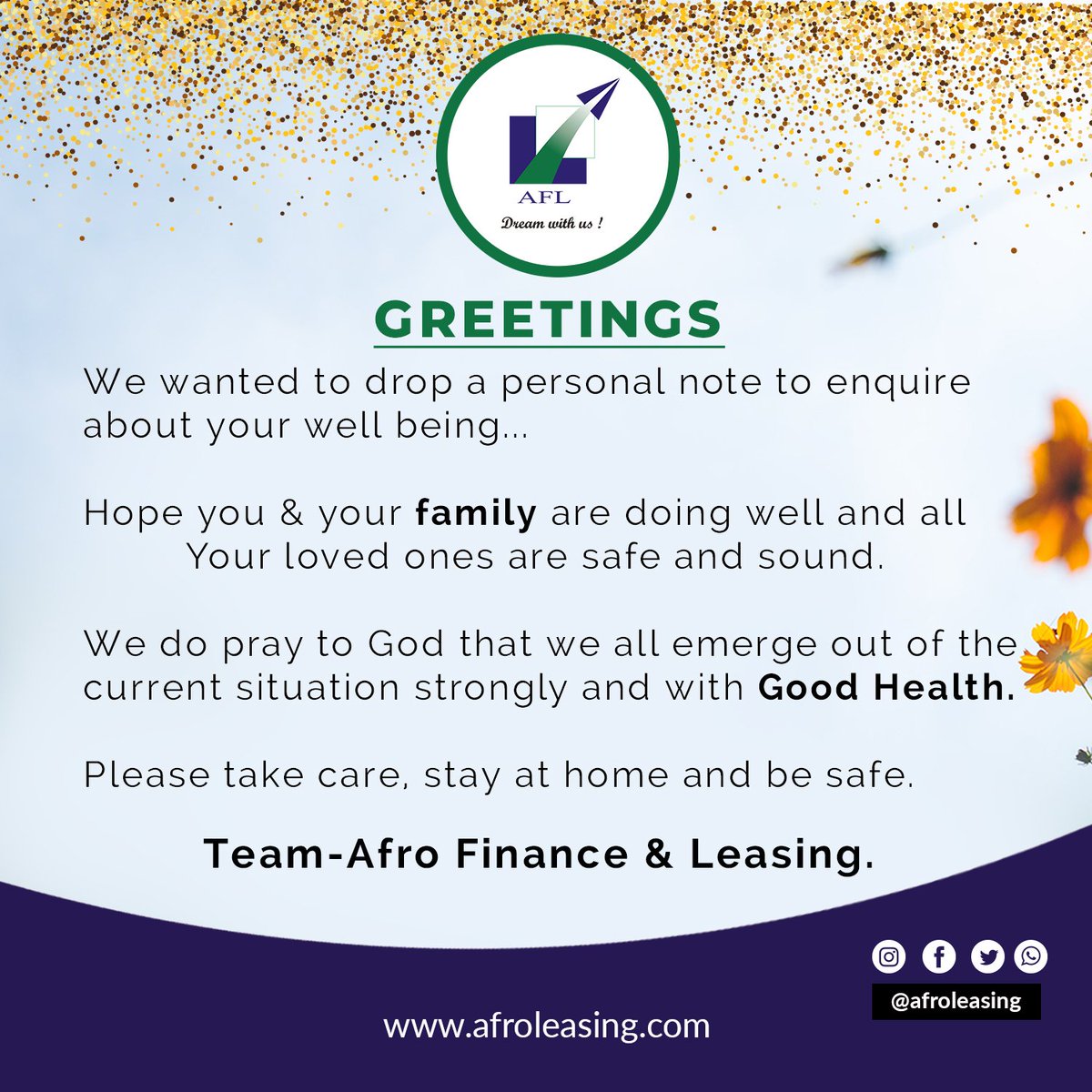 afroleasing's tweet photo. Greetings our beloved Friends! Checking on you. 😊. #Afroleasing #Leasing #Stayhome #Staysafe. https://t.co/2fnzbhpJhi