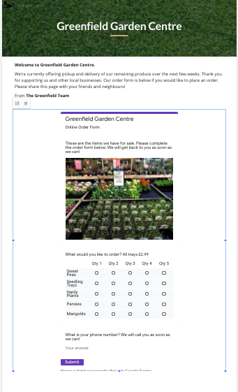bentossell's tweet photo. 🏗Enable creating online orders extremely easily (with no cost) with Google Sites, Forms plus PayPal if you want to integrate direct payments. 

Great for local businesses e.g garden centres https://t.co/yTB4gbefJd