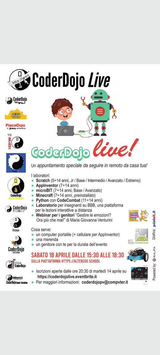 coderdojovo's tweet image. CoderDojo Live sarà sabato 18 aprile con ninja provenienti da tutta Italia: ci saranno nuovi laboratori per voi!
Iscrizioni su coderdojolive.evenbrite.it a partire da martedì 14 aprile h 20:30
