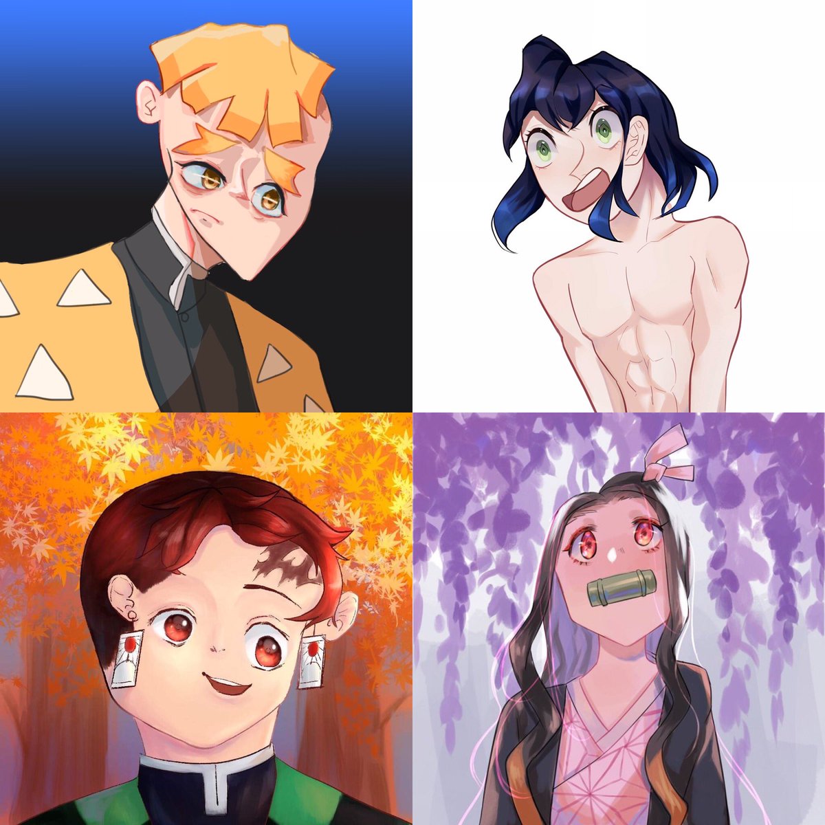 Demon slayer collab with friends! @Sanzaiarts @tsukaiiii myork doesn't have twt :(( anyway sketch is blindfolded and everything else is lined and colored as we usually would!
#demonslayer #kny #zenitsu #inosuke #tanjiro #nezuko #artcollab