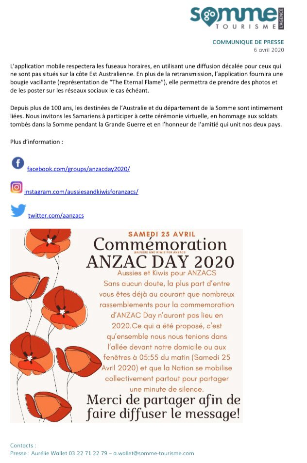 Communiqué de presse de Somme Tourisme concernant L’Anzac Day 2020