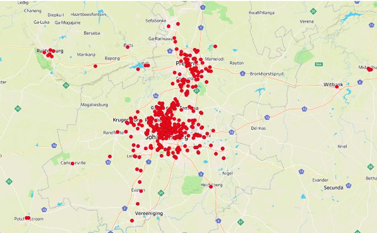 Spread of Coronavirus in GP.Sandton, Randburg, Bedfordview show the highest concentration of cases.