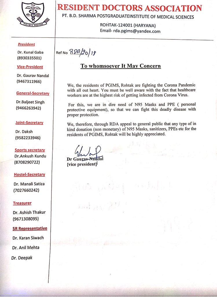DrHarjitBhatti's tweet image. Amid strong claims of no shortage of PPEs by @MoHFW_INDIA RDA PGIMS Rohtak writes an open letter to general public for donation of N95 masks, sanitizers, PPEs etc. Now we have to decide who is lying? Frontline workers or press briefing bureaucrat? #DocsNeedGear #SaveTheSaviour