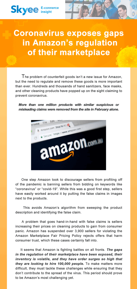 skyee_payments's tweet photo. #Amazon took a hard line against pandemic profiteering last month, vowing to remove product listings that claim to prevent the #coronavirus. Here are some of our insight:

#SkyeeInsight #ecommerce #amazonseller https://t.co/Z3wxufIn0X