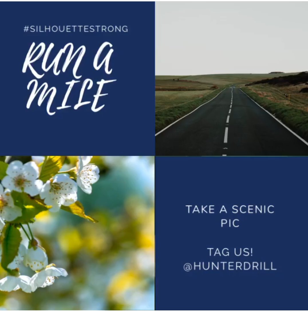 Weekly Challenge!! Run a mile and share a pic. Friends, family, Silhouettes past, present, and future are welcome to join. Challenge your friends and fam! Tag us <a href="/hunterdrill/">Hunter Silhouettes</a> and use #silhouettestrong. 💙 Stay healthy, stay strong!