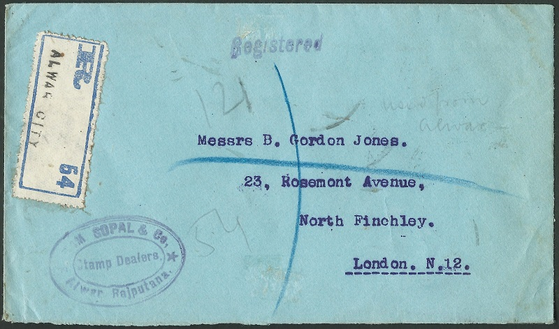 Ram Gopal & Co. Cover #31922 reg. cover between  #stampdealers Ram Gopal & Co., & Messrs B. Gordon Jones of London. The reg. slip (R54) is an R-10 type, introduced in Jan 1909 to selected HPOs which were not allotted R-9 slips with a pre-printed PO name. #philately  #postalhistory